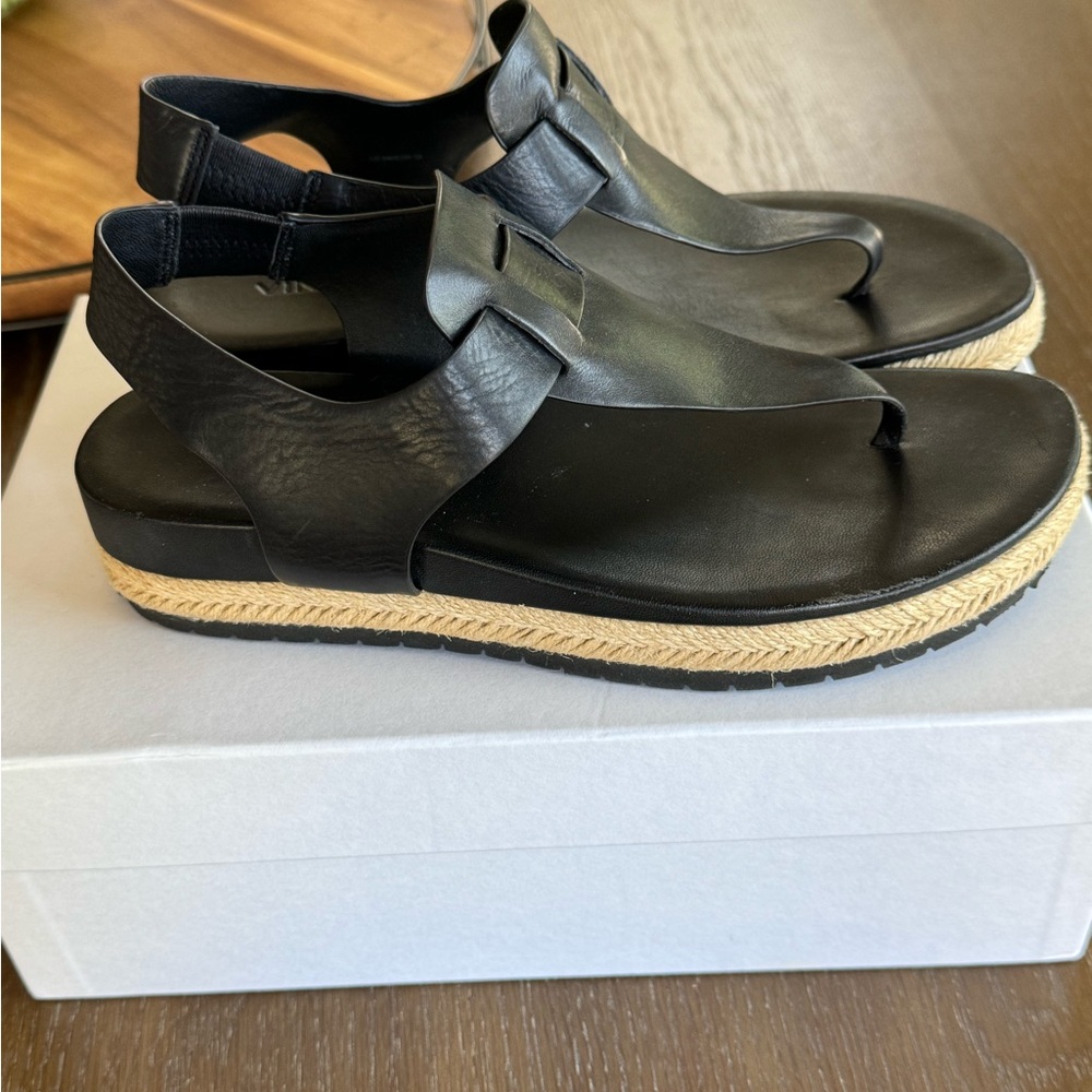 Vince Flint Black Leather Espadrille Thong Sandal